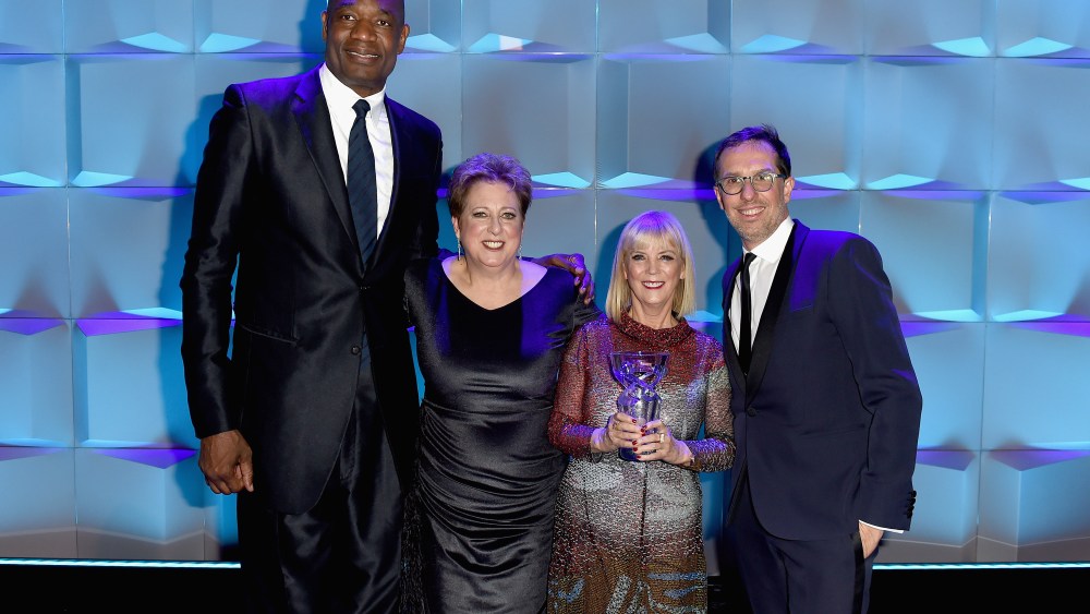 NEW YORK, NY - NOVEMBER 28:  (L-R) Dikembe Mutombo, Caryl M. Stern, Carol J. Hamilton and Nicolas Hieronimus speak onstage during 13th Annual UNICEF Snowflake Ball 2017 at Cipriani Wall Street on November 28, 2017 in New York City.  (Photo by Nicholas Hunt/Getty Images for UNICEF )