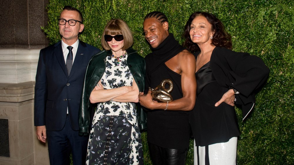 Steven Kolb, Anna Wintour and Diane von Furstenberg with Telfar Clemens, the winner of the CFDA/VFF.