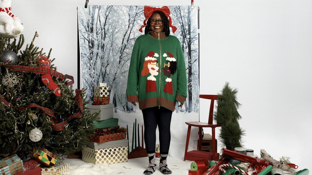 A look from Whoopi Goldberg’s holiday sweater line for Zappos.com.