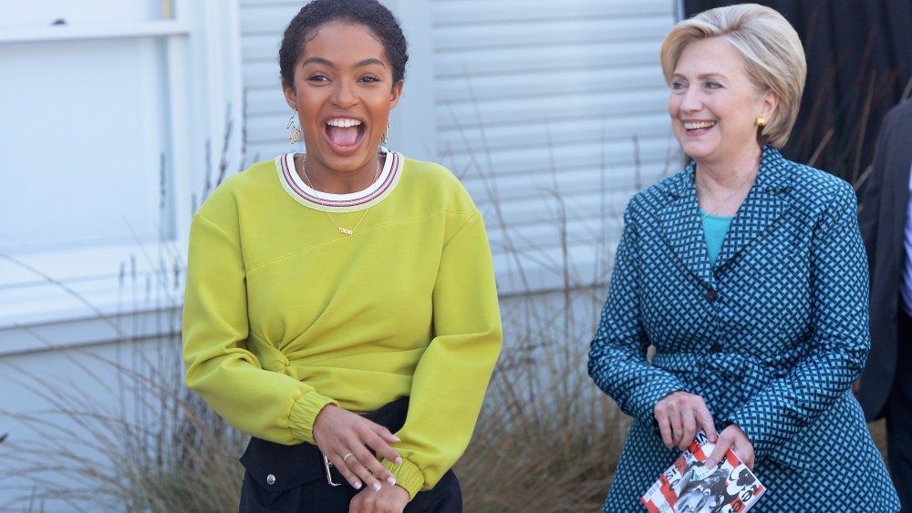 PLAYA VISTA, CA - DECEMBER 02:  Yara Shahidi (L) and Secretary Hillary Clinton seen backstage during The Teen Vogue Summit LA: Keynote Conversation with Hillary Rodham Clinton and actress Yara Shahidi on December 2, 2017 in Playa Vista, California.  (Photo by Vivien Killilea/Getty Images for Teen Vogue )