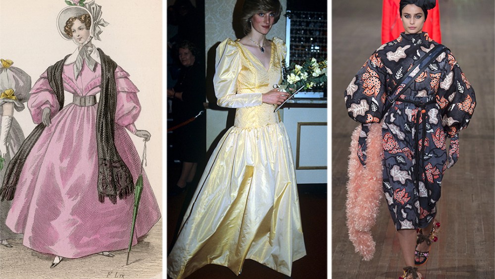 Interpretations of the gigot sleeve and nipped waist over the course of two centuries: left to right, an 1830s fashion plate, Princes Diana in 1983, a look from Marc Jacobs spring 2018.