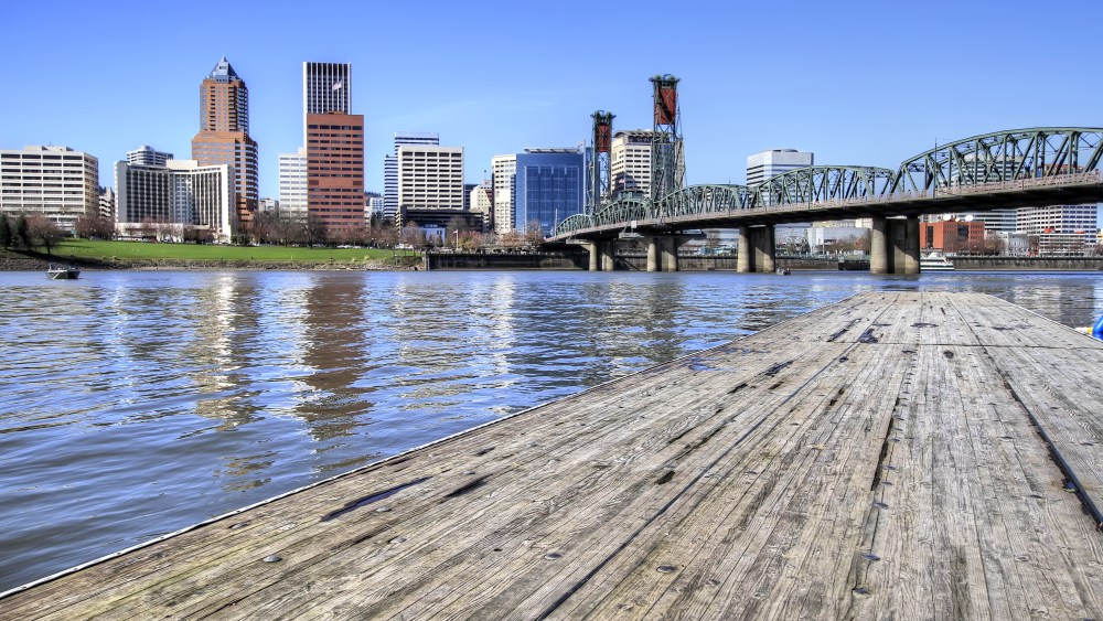 Portland Oregon Downtown Skyline from East Bank Docks