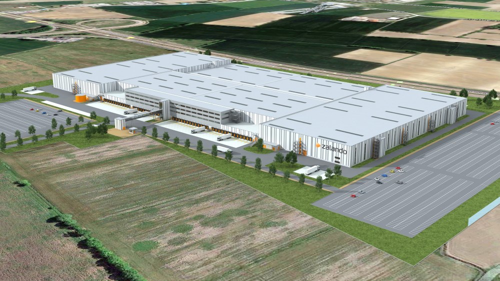 A digital rendering of Zalando's logistics hub in Nogarole Rocca.