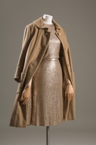 Traina-Norell, gold evening coat and dress in cashmere, silk jersey and sequins, circa 1958.