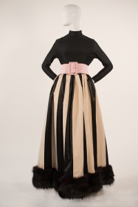Norell, evening ensemble with striped duchesse satin ball skirt trimmed in black fox, fall 1967.