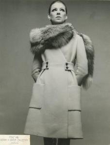Wrap Coat with Large Square Patch Pockets and Fur Wrap, 1968-1969.