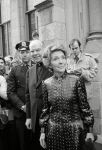 Nancy Reagan, wife of President Ronald Reagan, is followed by Cardinal Terence Cooke after their visit at the Cardinal's residence in New York, . The first lady and Cardinal Cooke had a luncheon discussion of how to combat narcotics use
First Lady Nancy Reagan 1981, New York, USA