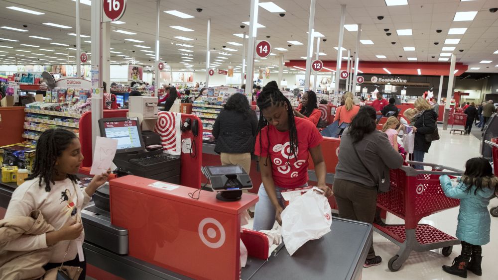 Customers check out at a Target store on Black Friday in Alexandria, Virginia, USA, 24 November 2017. The day after Thanksgiving known as 'Black Friday' kicks off the holiday season of shopping. Thirty percent of annual retail sales occur between Black Friday and Christmas, according to the National Retail Federation.Black Friday shopping, Alexandria, USA - 24 Nov 2017