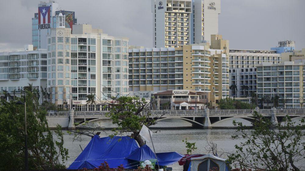 Tents stand on the other side of the shore of Laguna de Condado opposite the exclusive area of ??Paseo Caribe in San Juan, Puerto Rico. Hurricane Maria didn't discriminate between rich and poor when it ravaged Puerto Rico, but the recovery has been another storyHurricane Maria The Rich and The Poor, San Juan, Puerto Rico - 23 Oct 2017