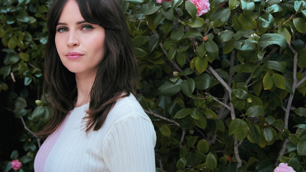 Felicity Jones photographed at The Beverly Hills Hotel by Dan Doperalski for WWD Digital Daily.