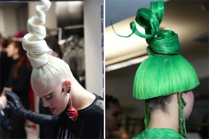 Odile Gilbert created two coifs Ñ a bob and a chignon Ñ for Jean Paul GaultierÕs spring 2018 couture show, which paid homage to Pierre Cardin. But they werenÕt any old bob and chignon. The former came in bright colors, such as pink and light blue, with a knob of hair at the top. Meanwhile, the chignons, which twirled in spirals of tresses towering high above heads, resembled twisted orange peels and were similarly hued. ÒItÕs in the spirit of the collection,Ó she said. Ñ Jennifer Weil