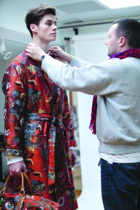 Kim Jones fitting a mode at the Louis Vuitton studio for a pre-fall 2013 look.