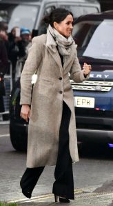 Meghan Markle (in Smythe, Jigsaw and Burberry) visits Reprezent 107.3FM Radio station in London.
