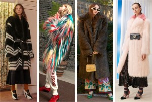 Real or faux, fur outerwear came in a variety of alluring styles to shield from the impending cold Ñ from the sophisticated and demure pastel pink at Fendi to a playful kaleidoscope of colors at Missoni.Pictured: Givenchy, Missoni, Gucci, and Fendi