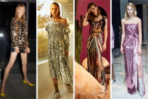 Positioned for evening, this seasonÕs sequined outfits also skewed younger. Preen by Thornton Bregazzi cut a loose gown worn slightly off-shoulder with an asymmetrical hem, while Alessandro DellÕAcqua at No. 21 proposed a long-sleeved top and miniskirt for a night out.Pictured: N21, Preen, Elie Saab, and Prabal Gurung
