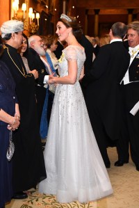 Catherine Duchess of Cambridge in Jenny Packham at an evening reception for members of the Diplomatic Corps at Buckingham Palace