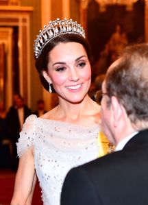 Catherine Duchess of Cambridge in Jenny Packham at an evening reception for members of the Diplomatic Corps at Buckingham Palace
