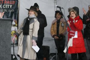Jane Fonda, Gloria Allred, Tessa Thompson. Attorney Gloria Allred, right, and actress Tessa Thompson, rear center, cheer for actress Jane Fonda, left, at the Respect Rally Park City during the 2018 Sundance Film Festival, in Park City, Utah2018 Sundance Film Festival - Respect Rally Womens March Utah, Park City, USA - 20 Jan 2018
