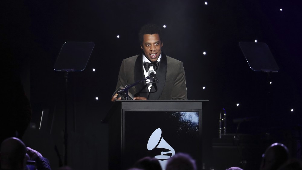Honoree Jay-Z speaks onstage at the 2018 Pre-Grammy Gala And Salute To Industry Icons at the Sheraton New York Times Square Hotel, in New York2018 Pre-Grammy Gala And Salute To Industry Icons - Show, New York, USA - 27 Jan 2018