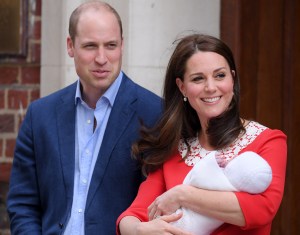 The Duke and Duchess of Cambridge (in Jenny Packham) with their newborn son.
