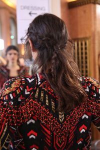 Laurent Philippon said the hairstyle for Zuhair MuradÕs fashion show had a Santa Fe, New Mexico, and Native American take. HeÊfashioned for models a low, deconstructed ponytail. ÒThereÕs a very loose, messy braid on one side only,Ó he said. ÒWe have the wispy bits that are going to fly.Ó Among the key products used for the look was Bumble and bumble Thickening Dryspun Finish spray. Ñ Jennifer Weil