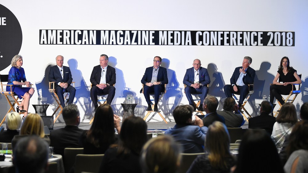 NEW YORK, NY - FEBRUARY 06:  Linda Thomas Brooks, Robert A. Sauerberg Jr., Tom Harty, David Carey, Eric Zinczenko, Andrew W. Clurman and Pam Wasserstein speak on stage at the American Magazine Media Conference 2018 on February 6, 2018 in New York City.  (Photo by Ben Gabbe/Getty Images for The Association of Magazine Media)