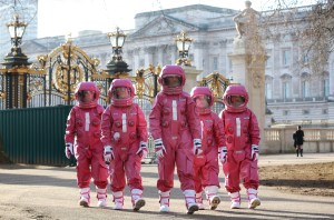 EDITORIAL USE ONLYA group of models dressed as pink astronauts appear at Buckingham Palace London today to celebrate the launch of a new space themed product by Benefit Cosmetics, which goes on sale globally from February 1st. PRESS ASSOCIATION. Photo. Picture date: Tuesday January 30, 2018. Photo credit should read: Matt Alexander/PA Wire