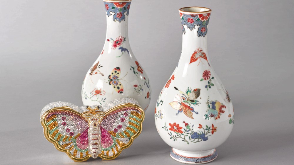 Pair of Famille Rose Vases (Shown Alongside a Butterfly Minaudiere)