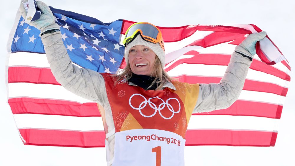 Jamie AndersonSnowboard - PyeongChang 2018 Olympic Games, Bongpyeong-Myeon, Korea - 12 Feb 2018Gold medal winner Jamie Anderson of the USA celebrates her win on the podium with the US flag after the Women's Snowboard Slopestyle Final Run at the Bokwang Phoenix Park during the PyeongChang 2018 Olympic Games, South Korea, 12 February 2018.