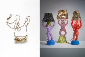 A necklace designed in collaboration between artist Katie Stout and jeweler Simone Paasche incorporates the likeness of Stout's lady figurines - more typically dispatched in larger formats to make lamps or chairs.
