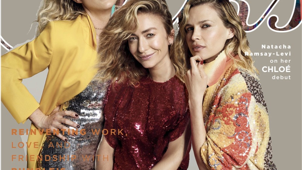 The cover of Saks' Spring 2018 Fashion Book, which features Whitney Wolfe Herd and Sara and Erin Foster.