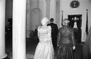 Barbara and George Bush and friend attend a State Dinner for the President of Germany at the White House, 1992.