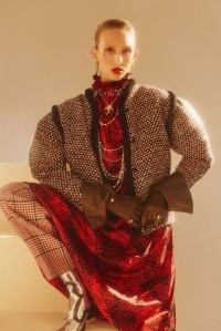 Gucci’s silk dress, tweed jacket and wool pants. Fendi earrings; Chanel necklaces; Marc Jacobs gloves; APC ring; Lagos ring; Emporio Armani boots.