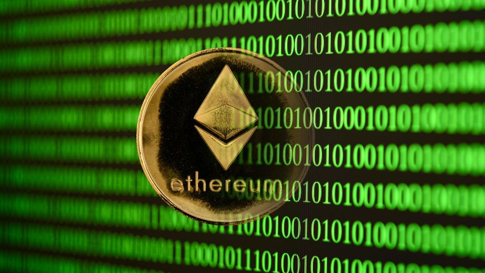 Symbol image Cryptocurrency, digital currency, golden coin Ethereum with binary code, background imageVARIOUS