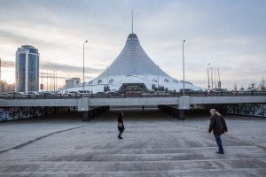 A view of the exterior of Khan Shatyr Mall in Astana, Kazakhstan.