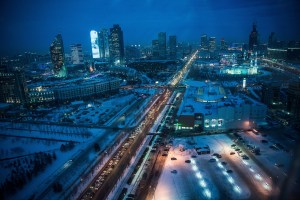 A nighttime view of Astana, Kazakhstan.