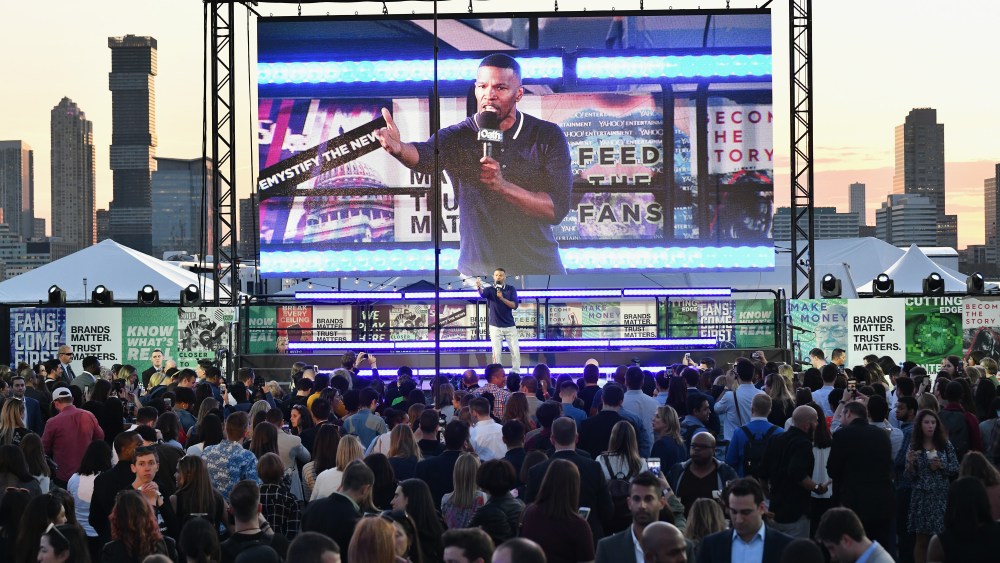 NEW YORK, NY - MAY 01:  Actor Jamie Foxx takes the stage during Oath NewFront at Pier 26 on May 1, 2018 in New York City.  (Photo by Slaven Vlasic/Getty Images for Oath)