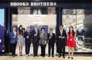 Left to right: Clarence Lee, ceo of HKRI Taikoo Hui, Edith Chen, Brooks Brothers Asia Pacific ceo, Andy S. Lew, president of wholesale and uniform at Brooks Brothers, Claudio Del Vecchio, Brooks Brothers chairman and ceo, Balbina Wong, honorary vice chairman at The Lane Crawford Joyce Group,  Thomson Cheng, Walton Brown Group president, Lawrence Lam, Brooks Brothers Greater China managing director, Susan Du, HKRI Taikoo Hui deputy general manager of leasing and management.