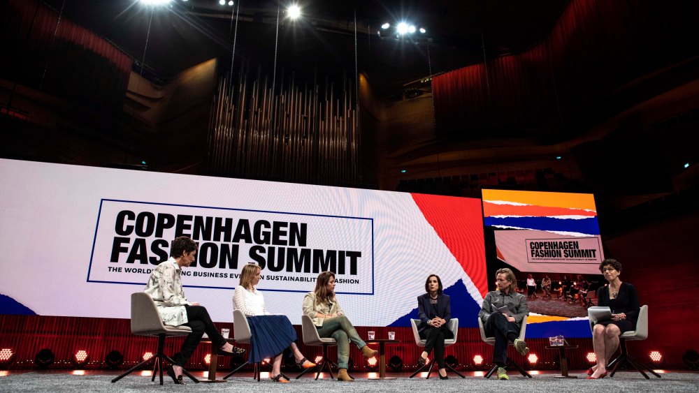 The Innovations for Supply Chain Efficiency panel, left to right: Pamela Batty, Burberry; Susanna Wilson, HSBC; Ebru Ozkucuk Guler, ISKO; Géraldine Vallejo, Kering; Nicolaj Reffstrup, Ganni and moderator Linda E. Greer, senior scientist at Natural Resources Defense Council