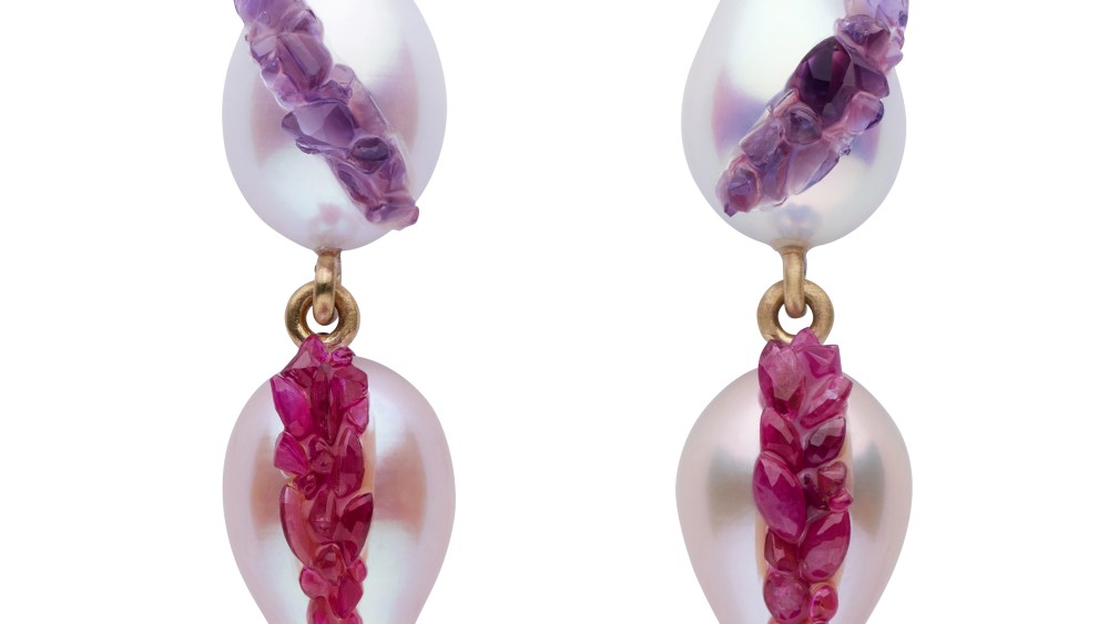 Little H's natural pearl, ruby and amethyst earrings