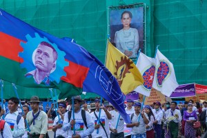 Worker marching in downtown Yangon.