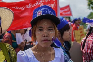 A marcher on May Day 2018.