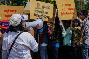 A union leader shouting slogans.