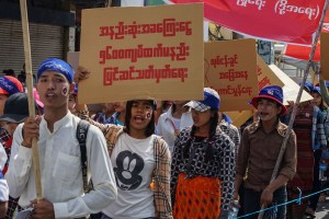 Workers shouting slogans of minimum wage on May Day March in downtown Yangon.