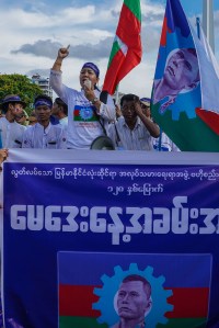 A Labor Union leader giving a speech in downtown Yangon.
