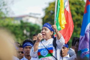 Labor union march in downtown Yangon on May Day 2018.