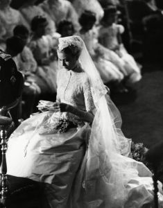 Grace Kelly is a picture of a demure bride, at her wedding to Prince Rainier, in Monaco Cathedral, onMonaco Grace Kelly, Monaco