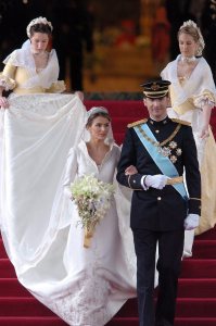 Bridesmaids Assist Letizia Ortiz As She Descends the Steps of the Almundena Cathedral in Madrid on the Arm of Her Husband Spanish Crown Prince Felipe Shortly After Their Wedding on Saturday 22 May 2004 Spain MadridSpain Royal Wedding - May 2004
