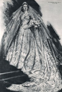 The Dress Designed For Princess Elizabeth by Norman Hartnell of Ivory Duchesse Satin with Hand Embroidery On the Skirt and Bodice and Court Train (fifteen Feet Long and of Ivory Tulle) Inspired by the Botticelli Painting Primavera the Pattern Featured Rose of York Ears of Corn Star Flowers and Orange Blossom in Pearl and Crystal the Voluminous Bridal Veil of Crisp White Tulle Was Designed to Be Held by A Pearl and Diamond Tiara 1947Historical Collection 83