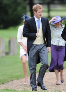 Prince Harry wearing a morning suit for the wedding of James Meade to Lady Laura Marsham